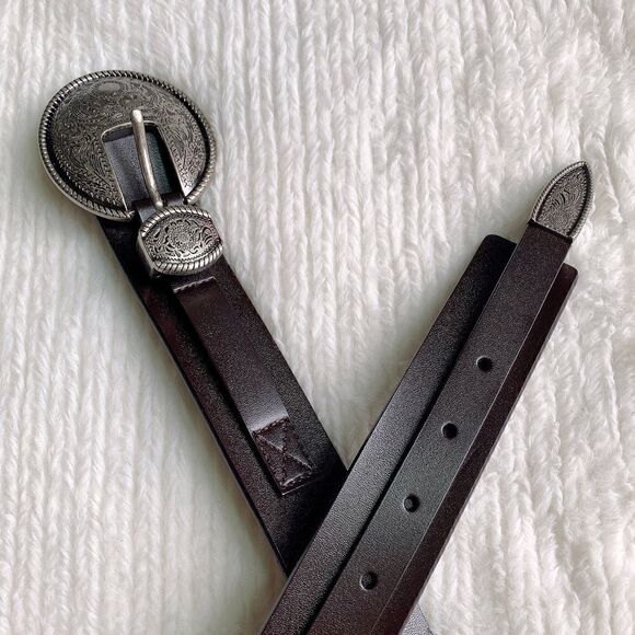 Vintage Style Genuine leather Belt with Floral Engraved Pattern Buckle - Picture 13 of 16